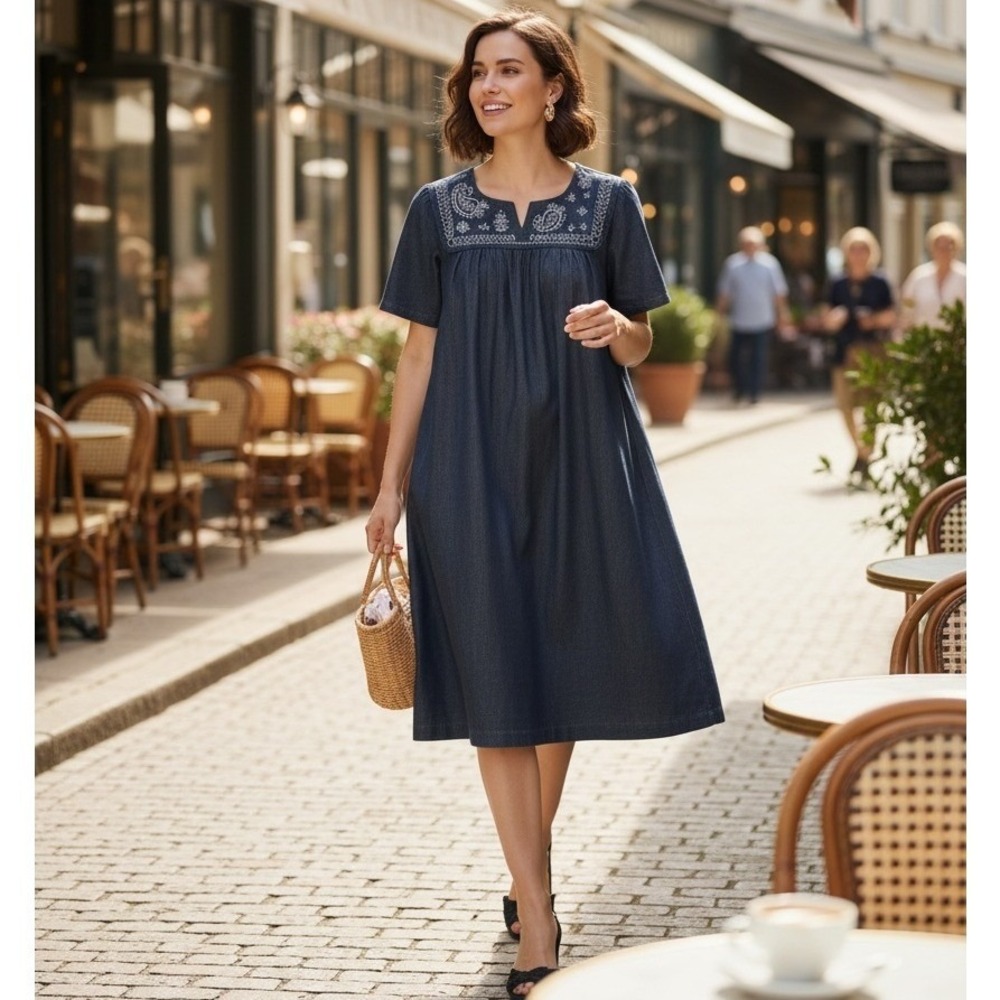 Go Softly Patio Denim Embroidered Midi Dress Sz L #78P